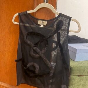 Fendi Black Sheer Mesh Top with Fur Accent